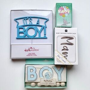 New! Boy Baby shower essentials-4 items Sash, trivia game, acrylic cake topper &